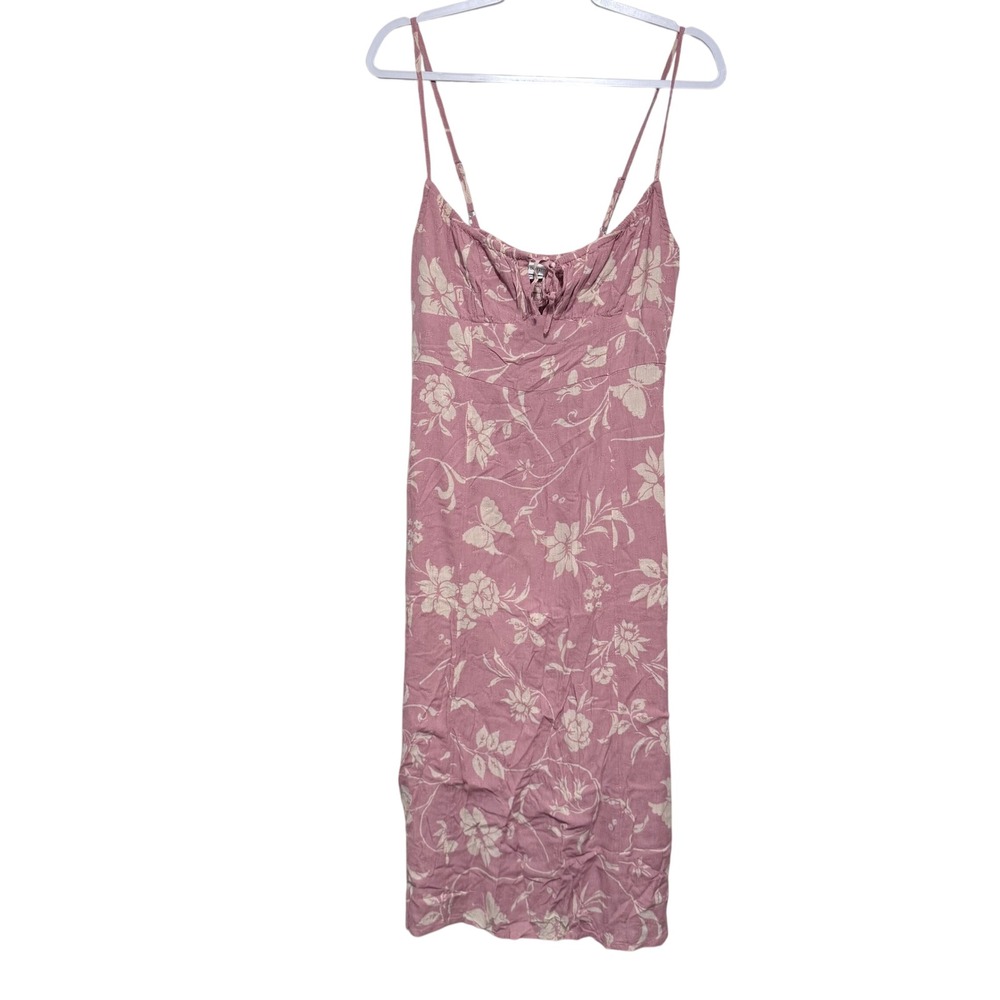 Urban Outfitters Pink Floral Dobby Midi Dress Large Smocked Back Sweetheart Tie